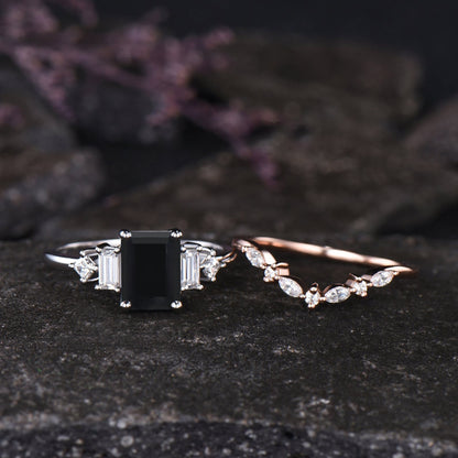 Unique Emerald Shape Black Onyx Engagement Ring Vintage Princess Baguette Moissanite Five Stone Ring Art Deco Contour Nesting Band For Women