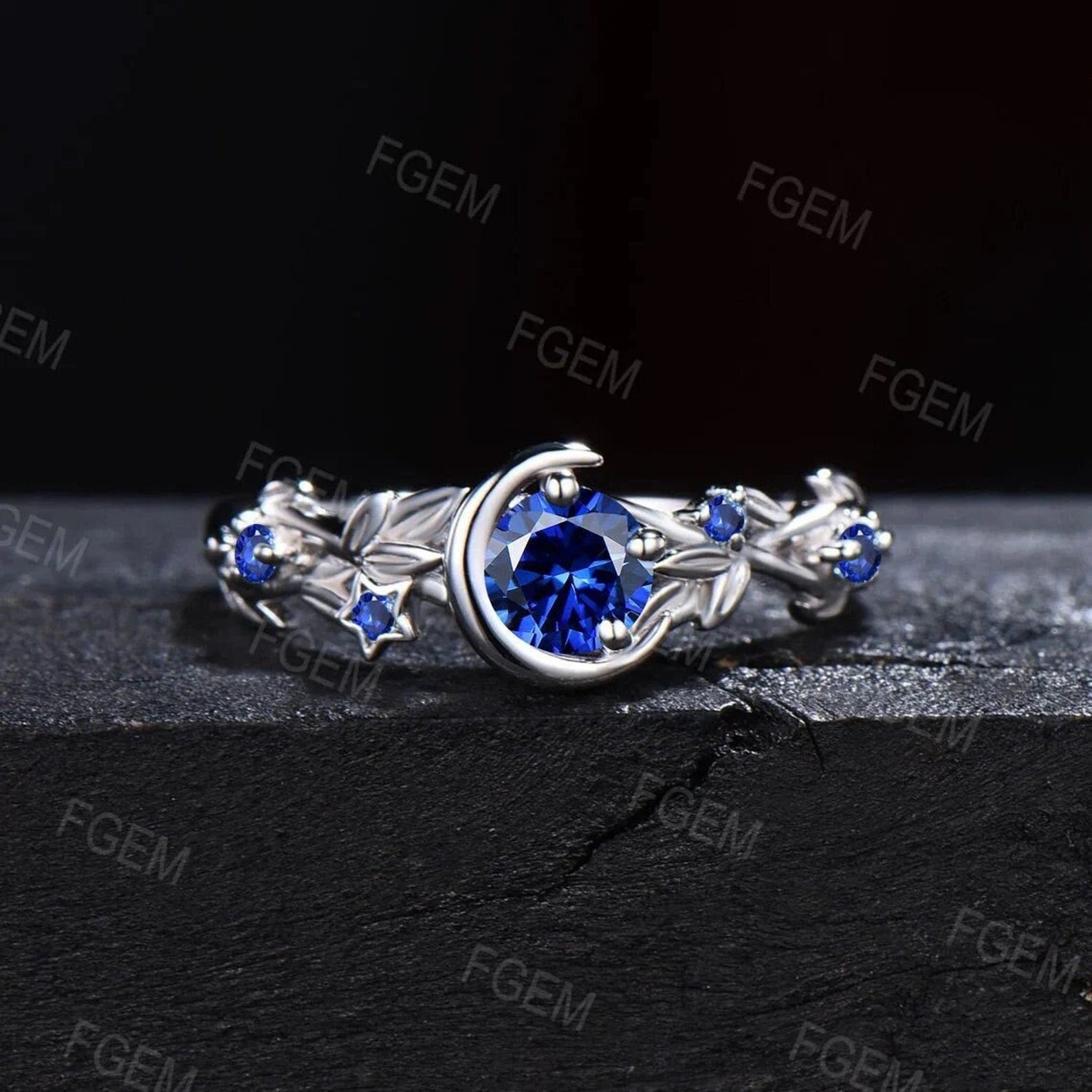 Nature Inspired Blue Sapphire Engagement Ring Moon Star Design Round N ...