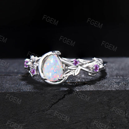 Nature Inspired Opal and Amethyst Promise Ring Moon Star Design Pear White Opal Ring Cluster Purple Amethyst Branch Leaf Vine Wedding Ring