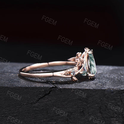 1.25ct Pear Nature Inspired Branch Green Moss Agate Wedding Ring 10K Rose Gold Cluster Moss Agate Alexandrite Ring Unique Anniversary Gifts