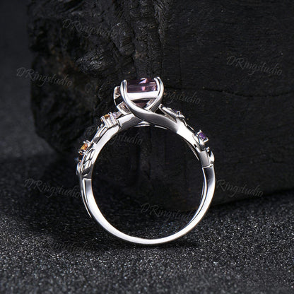 Nature Inspired Emerald Cut Ametrine Engagement Ring 925 Sterling Silver Branch Leaf Amethyst Citrine Bridal Ring Bio Color Ametrine Ring