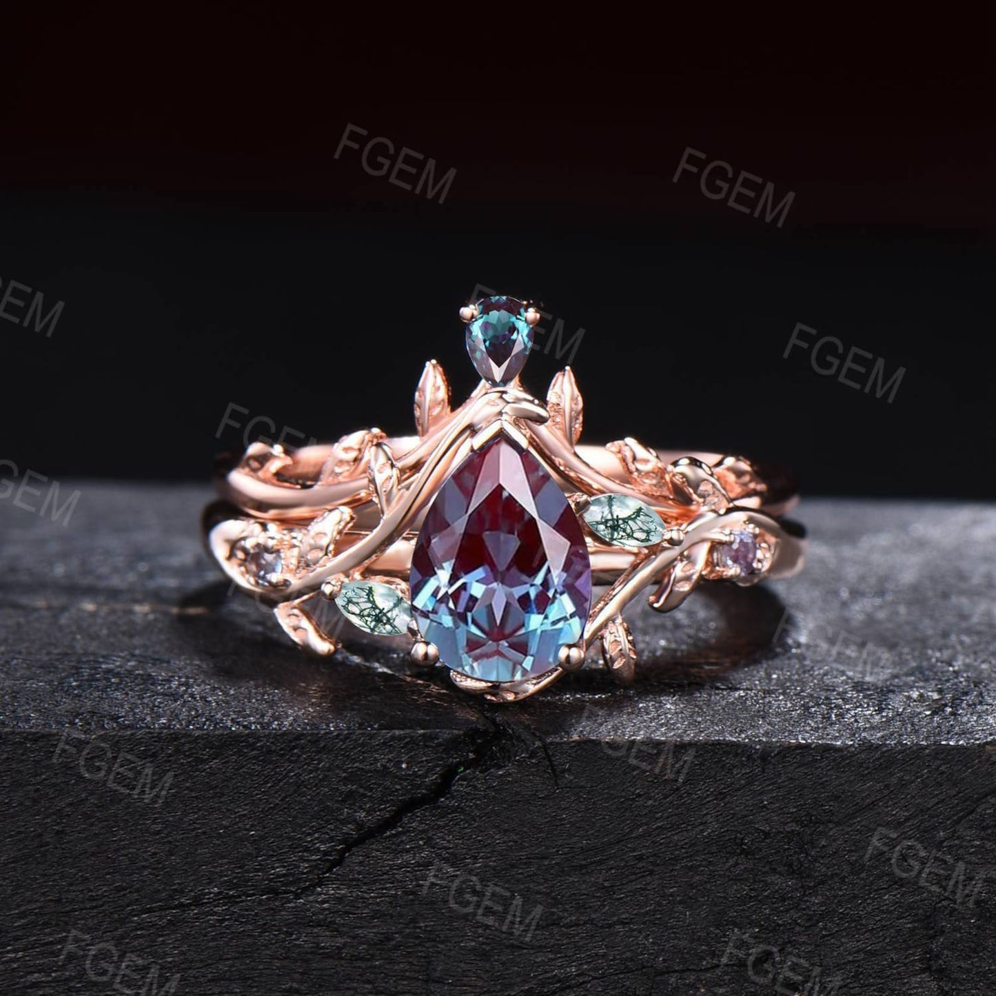 1.25ct Pear Twig Color-Change Alexandrite Wedding Rings Women Cluster Moss Agate Leaf Ring Alexandrite Branch Wedding Band June Bridal Sets