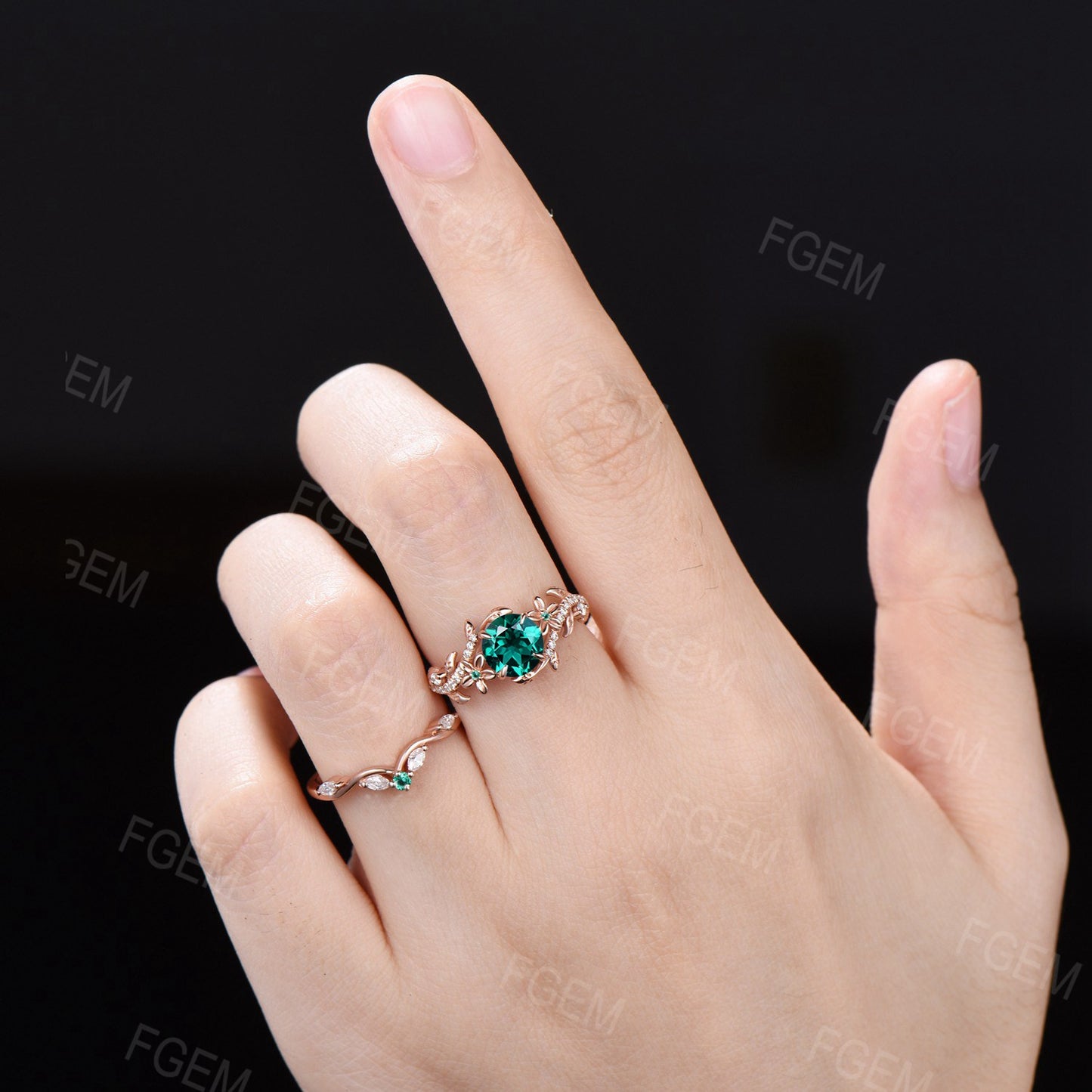 Vintage Green Emerald Engagement Ring 14k Solid Gold Round Emerald Ring Floral Diamond Bridal Ring Set Branch Leaf Ring May Birthstone Gifts