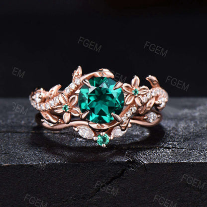 Vintage Green Emerald Engagement Ring 14k Solid Gold Round Emerald Ring Floral Diamond Bridal Ring Set Branch Leaf Ring May Birthstone Gifts