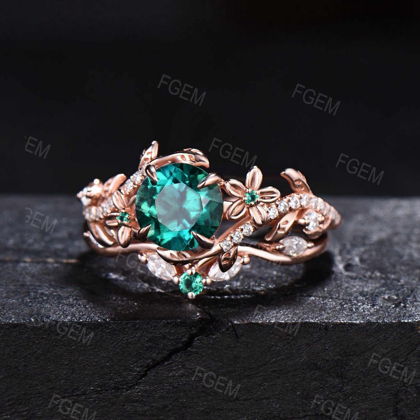 Vintage Green Emerald Engagement Ring 14k Solid Gold Round Emerald Ring Floral Diamond Bridal Ring Set Branch Leaf Ring May Birthstone Gifts