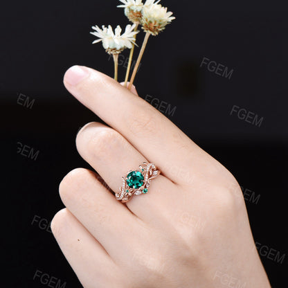 Vintage Green Emerald Engagement Ring 14k Solid Gold Round Emerald Ring Floral Diamond Bridal Ring Set Branch Leaf Ring May Birthstone Gifts