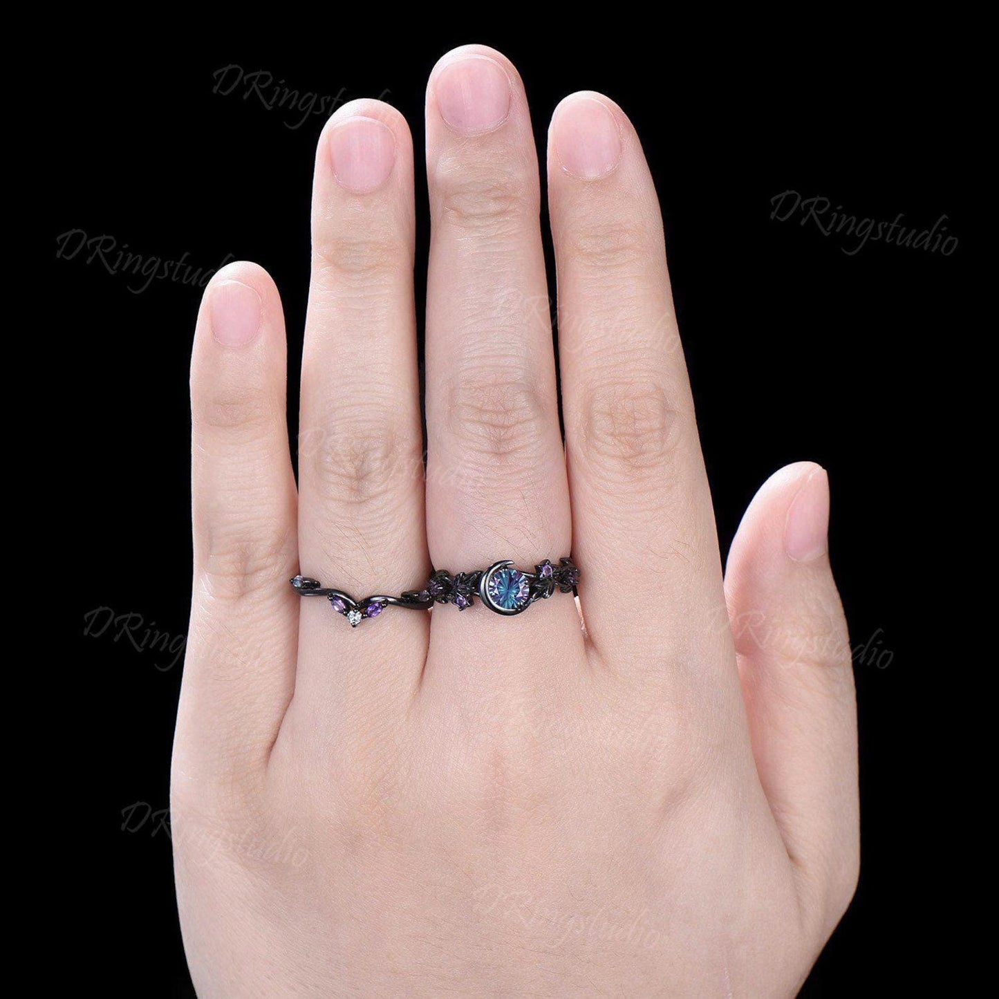 Color-Change Round Fireworks Cut Alexandrite Engagement Ring Crescent Moon Star Black Gold Leaf Vine Bridal Set Amethyst Wedding Ring Gift