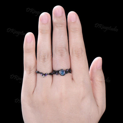 Color-Change Round Fireworks Cut Alexandrite Engagement Ring Crescent Moon Star Black Gold Leaf Vine Bridal Set Amethyst Wedding Ring Gift