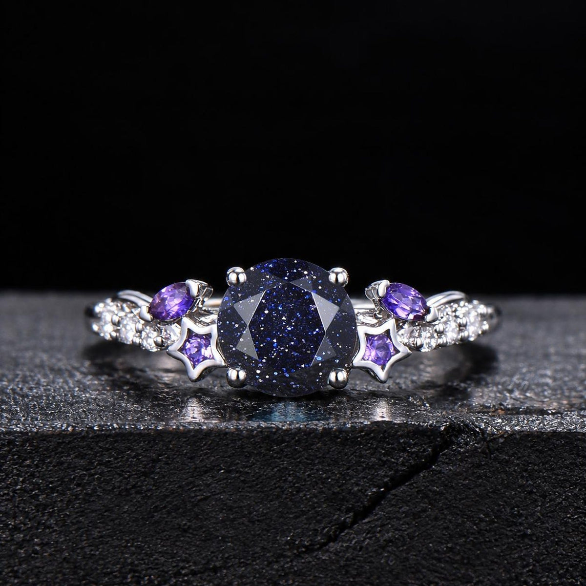 Black Gold Moon Nebula Blue Sandstone Ring Set Celestial Round Blue Goldstone Star Engagement Ring Amethyst Cluster Promise Bridal Ring Set