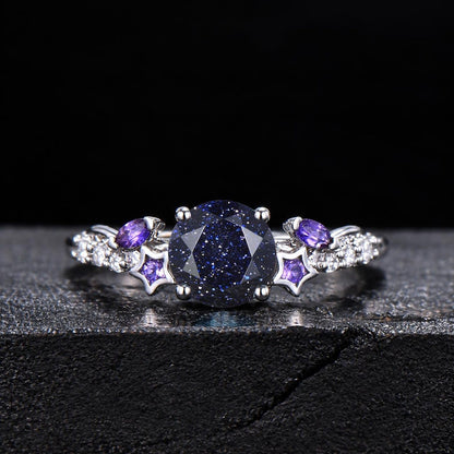 Black Gold Moon Nebula Blue Sandstone Ring Set Celestial Round Blue Goldstone Star Engagement Ring Amethyst Cluster Promise Bridal Ring Set