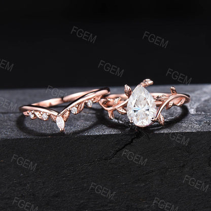 1.25ct Pear Moissanite Ring Set Nature Inspired Engagement Ring Leaf Vine Branch Solitaire Ring Unique Wedding Anniversary Gifts for Women