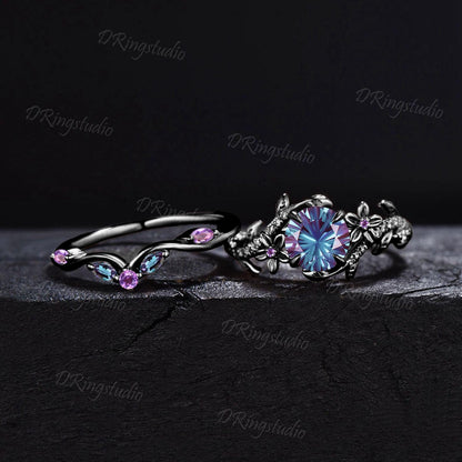 Round Fireworks Cut Color-Change Alexandrite Ring Set Black Gold Leaf Vine Moissanite Amethyst Bridal Set Floral Nature Inspired Ring Gifts