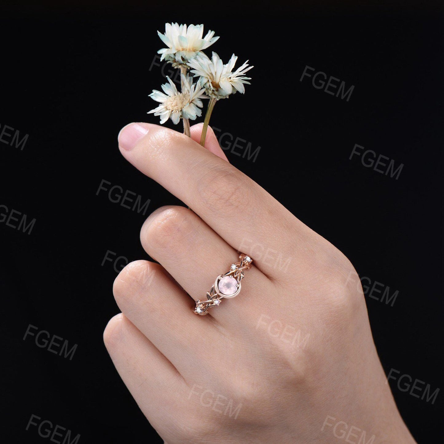 5mm Round Nature Inspired Natural Pink Rose Quartz Wedding Ring Moon Star Design Leaf Moissanite Diamond Ring Unique GraduationLover Gifts