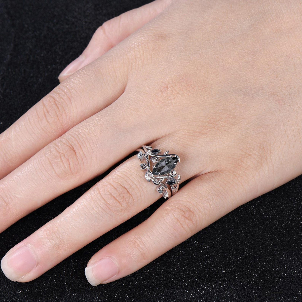 Marquise Cut Natural Salt And Pepper Diamond Engagement Ring Set Moon Vine 14k White Gold Black Spinel Bridal Wedding Ring Set