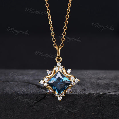 Celestial Moon Pendant Necklace Vintage Princess London Blue Topaz Necklace Square December Birthstone Pendant Rose Gold Minimalist Necklace