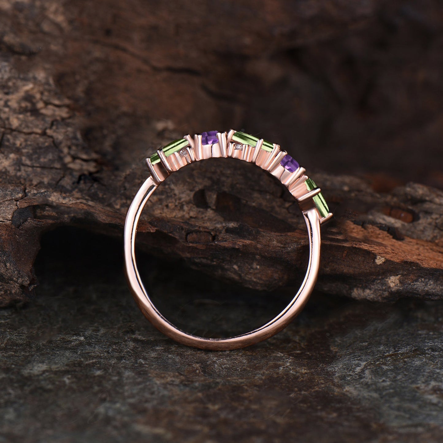 Dainty Baguette Cut Natural Peridot Wedding Band Unique Round Cut Natural Amethyst Wedding Ring Delicate Rose Gold Cluster Ring Women Gift