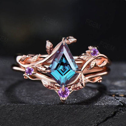 Kite Shaped Alexandrite Ring Set Nature Inspired Branch Alexandrite Engagement Ring Leaf Vine Ring Set Unique June Birthstone Wedding Ring