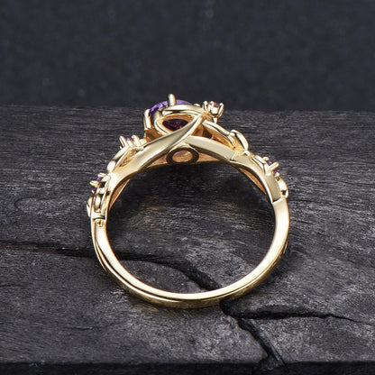 Moon Star Round Cut Ametrine Engagement Ring Rose Gold Nature Inspired Leaf Ring Cluster Citrine Amethyst Wedding Ring Ametrine Crystal Ring