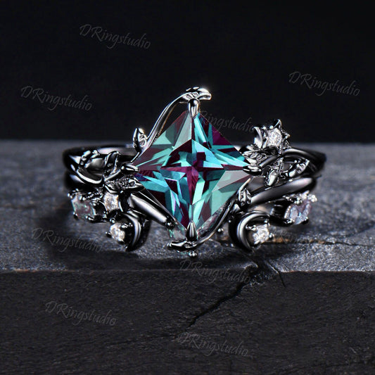 Princess Cut Alexandrite Engagement Ring Set Nature Inspired Black Gold Ring Moon Leaf Moissanite Wedding Ring Set