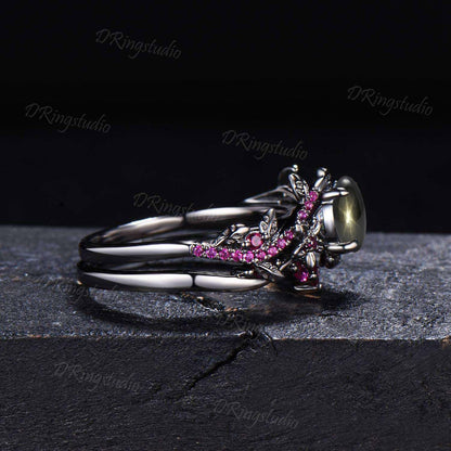 Floral Round Black Star Sapphire Engagement Ring Set Gothic Black Gold Leaf Vine Ruby Bridal Ring Natural Black Lindy Star Ring Promise Gift