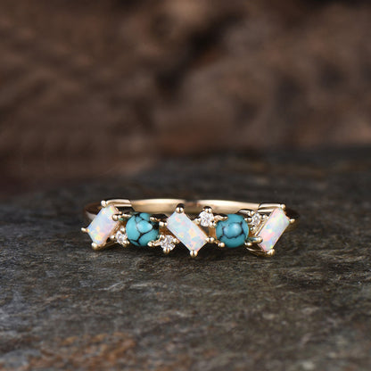 Vintage Opal Turquoise Wedding Band Unique Cluster Wedding Ring Antique October Birthstone December Birthstone Promise Birthday Jewelry Gift