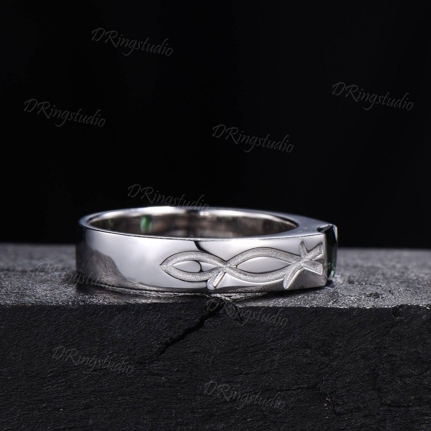 Natural Green Tourmaline Mens Engagement Ring White Gold Princess Cut Infinity Knot Mens Wedding Band Solitaire October Birthstone Men Ring