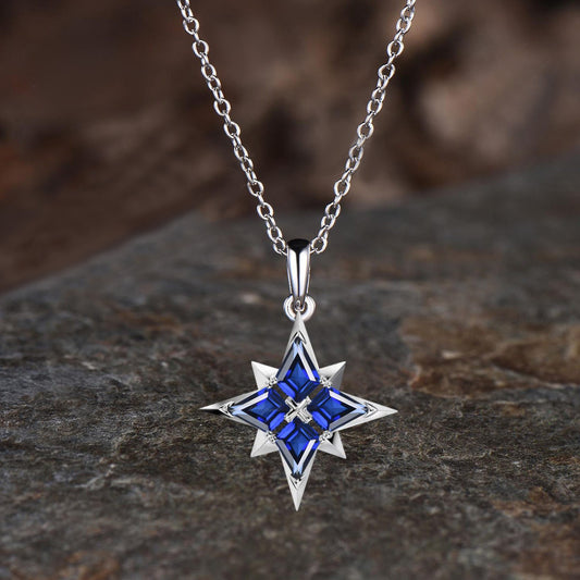 Minimalist 14K White gold Kite Cut Blue Sapphire Necklace Unique September Birthstone Blue Gemstone Polaris Pendant Delicate Necklace Gift