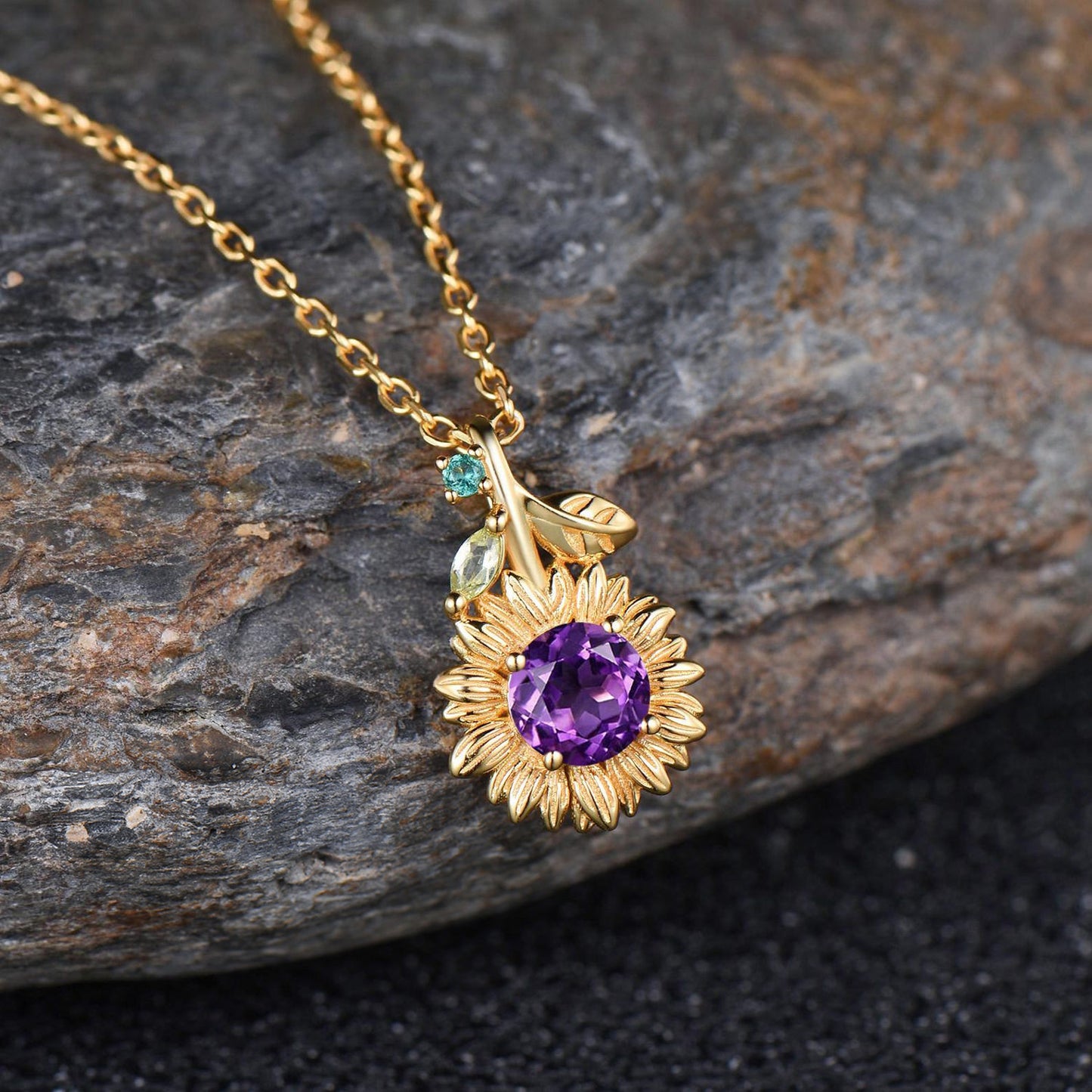 Vintage Sunflower Necklace Round Amethyst With Emerald Peridot Leaf 14k Gold Nature Inspired Floral Pendant Dainty Purple Crystal Jewelry