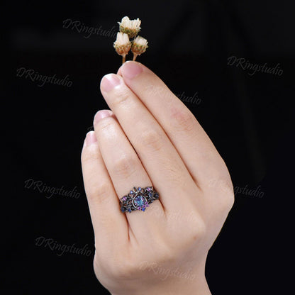 Unique Fireworks Cut Alexandrite Engagement Ring Set Moon Leaf Design Black Gold Amethyst Cluster Wedding Rings Alternative Bridal Gift