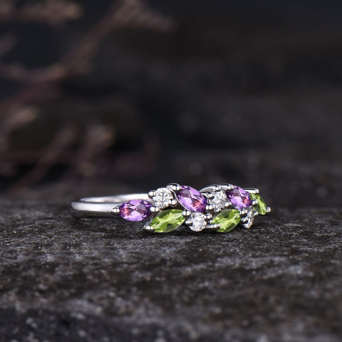 Minimalist Marquise Cut Natural Amethyst Wedding Band Dainty Natural Peridot Cluster Ring Art Deco 14k White Gold Anniversary Gift For Women