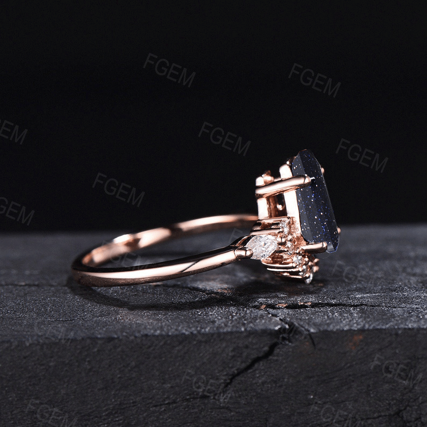 Coffin Shaped Galaxy Starry Sky Blue Sandstone Wedding Ring Vintage Vampire Gothic Engagement Ring Moissanite Ring Unique Promise Statement Ring