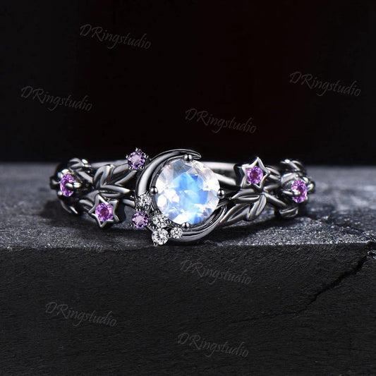 Black Gold Galaxy Round Moonstone Engagement Ring Witchy Nebula Moon Star Wedding Ring Cluster Amethyst Bridal Promise Ring Anniversary Gift