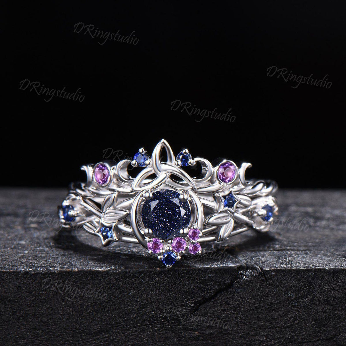 Blue Sandstone Moon Engagement Ring Set Gothic Black Gold Amethyst Sapphire Stacking Ring Nature Inspired Celtic knot Starry Promise Ring