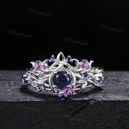 Blue Sandstone Moon Engagement Ring Set Gothic Black Gold Amethyst Sapphire Stacking Ring Nature Inspired Celtic knot Starry Promise Ring