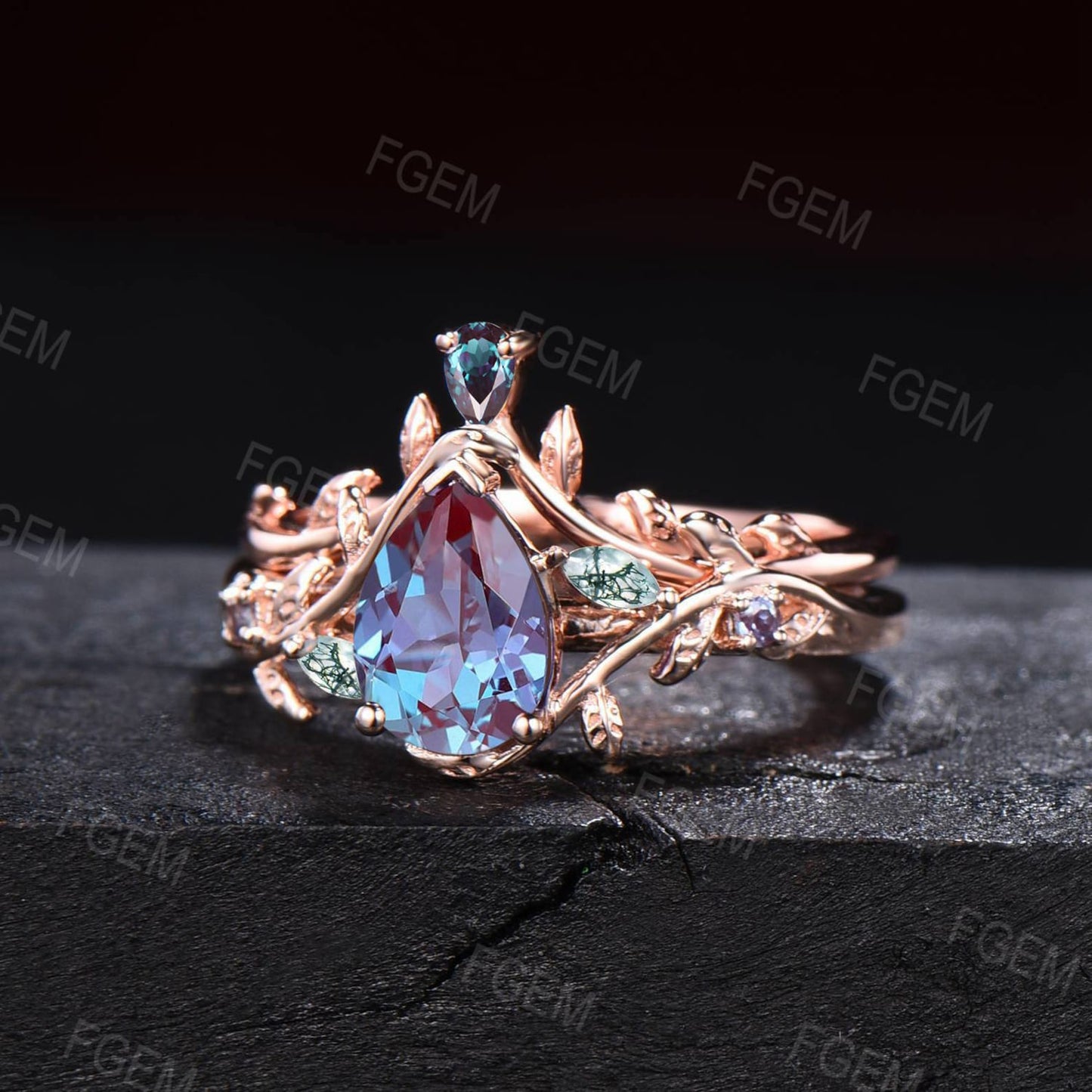 1.25ct Pear Twig Color-Change Alexandrite Wedding Rings Women Cluster Moss Agate Leaf Ring Alexandrite Branch Wedding Band June Bridal Sets