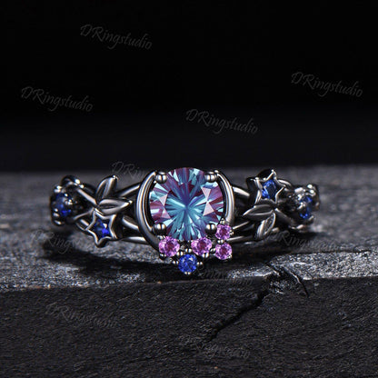 Unique Fireworks Cut Alexandrite Engagement Ring Set Moon Leaf Design Black Gold Amethyst Cluster Wedding Rings Alternative Bridal Gift