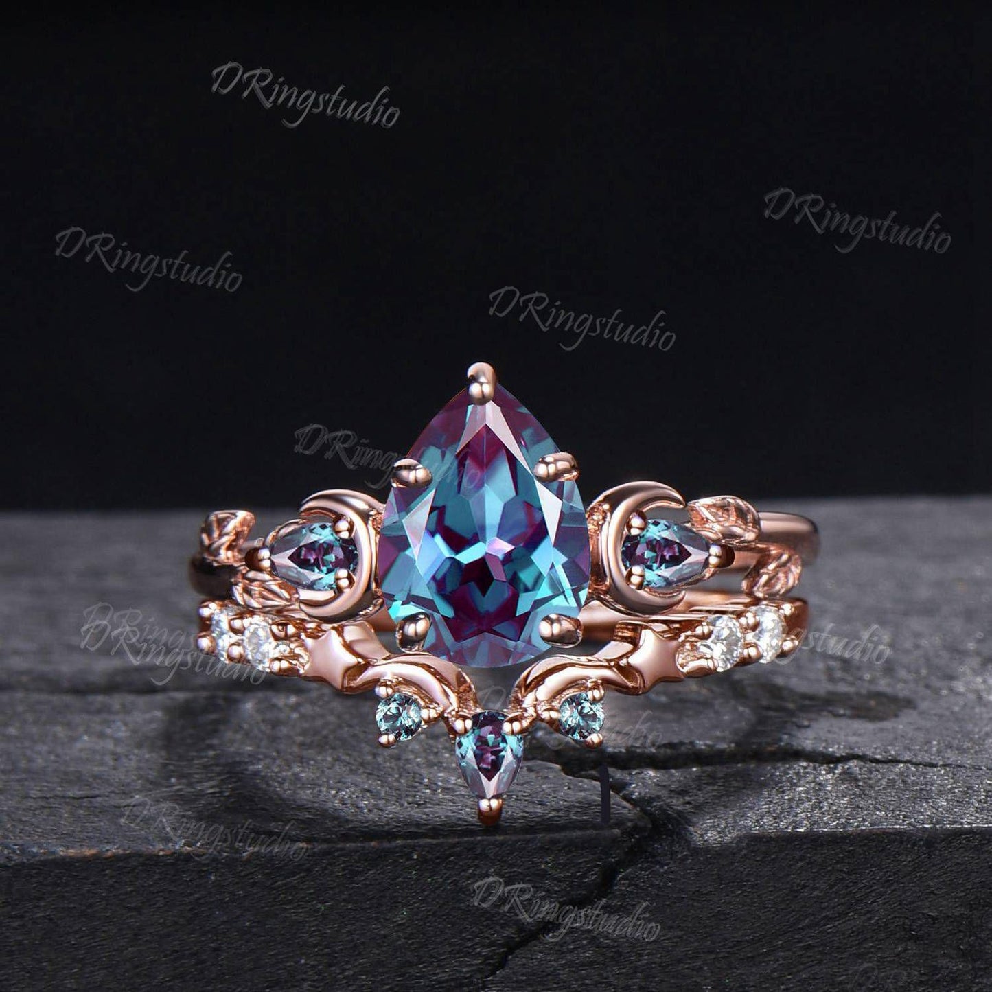 14k Rose Gold Teardrop Alexandrite Engagement Ring Unique Moon Star Wedding Ring Set Moon Leaf Bridal Ring Set June Birthstone Proposal Gift