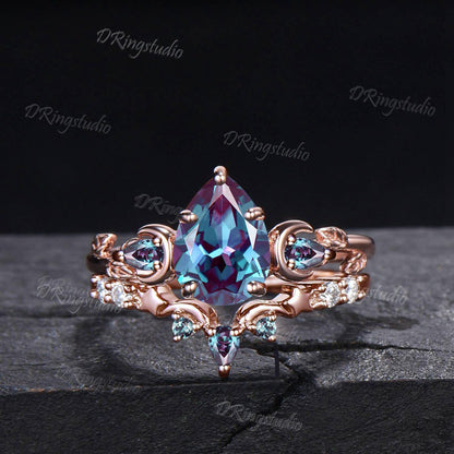 14k Rose Gold Teardrop Alexandrite Engagement Ring Unique Moon Star Wedding Ring Set Moon Leaf Bridal Ring Set June Birthstone Proposal Gift