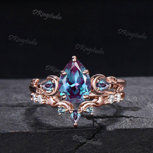 14k Rose Gold Teardrop Alexandrite Engagement Ring Unique Moon Star Wedding Ring Set Moon Leaf Bridal Ring Set June Birthstone Proposal Gift