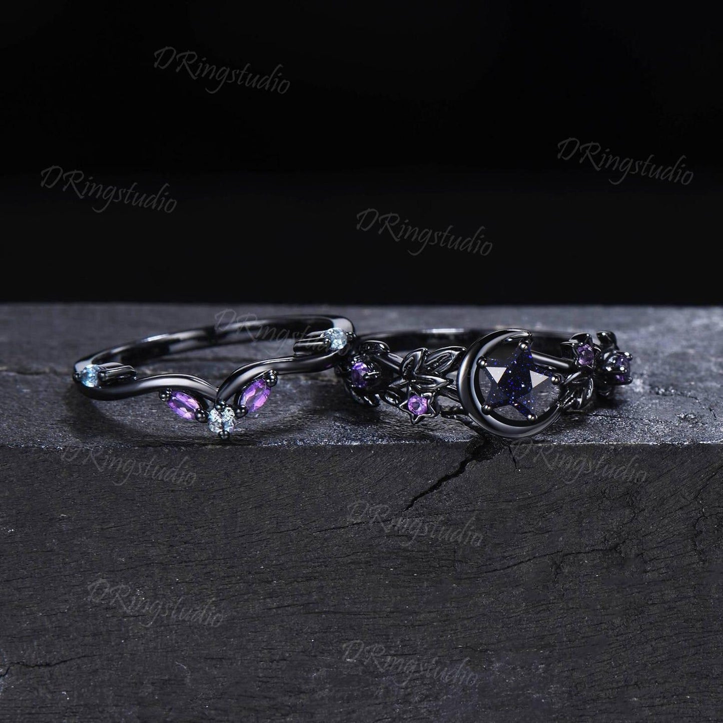 Black Moon Star Cut Blue Sandstone Engagement Ring Gothic Black Gold Galaxy Nebula Ring Nature Inspired Star Shape Bridal Ring Set