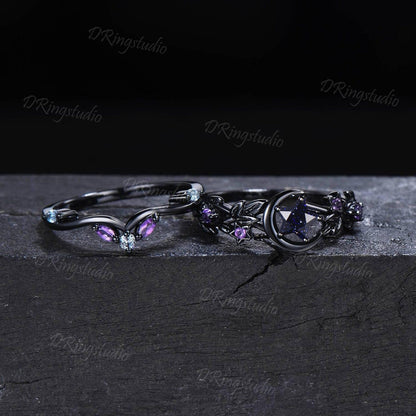 Black Moon Star Cut Blue Sandstone Engagement Ring Gothic Black Gold Galaxy Nebula Ring Nature Inspired Star Shape Bridal Ring Set