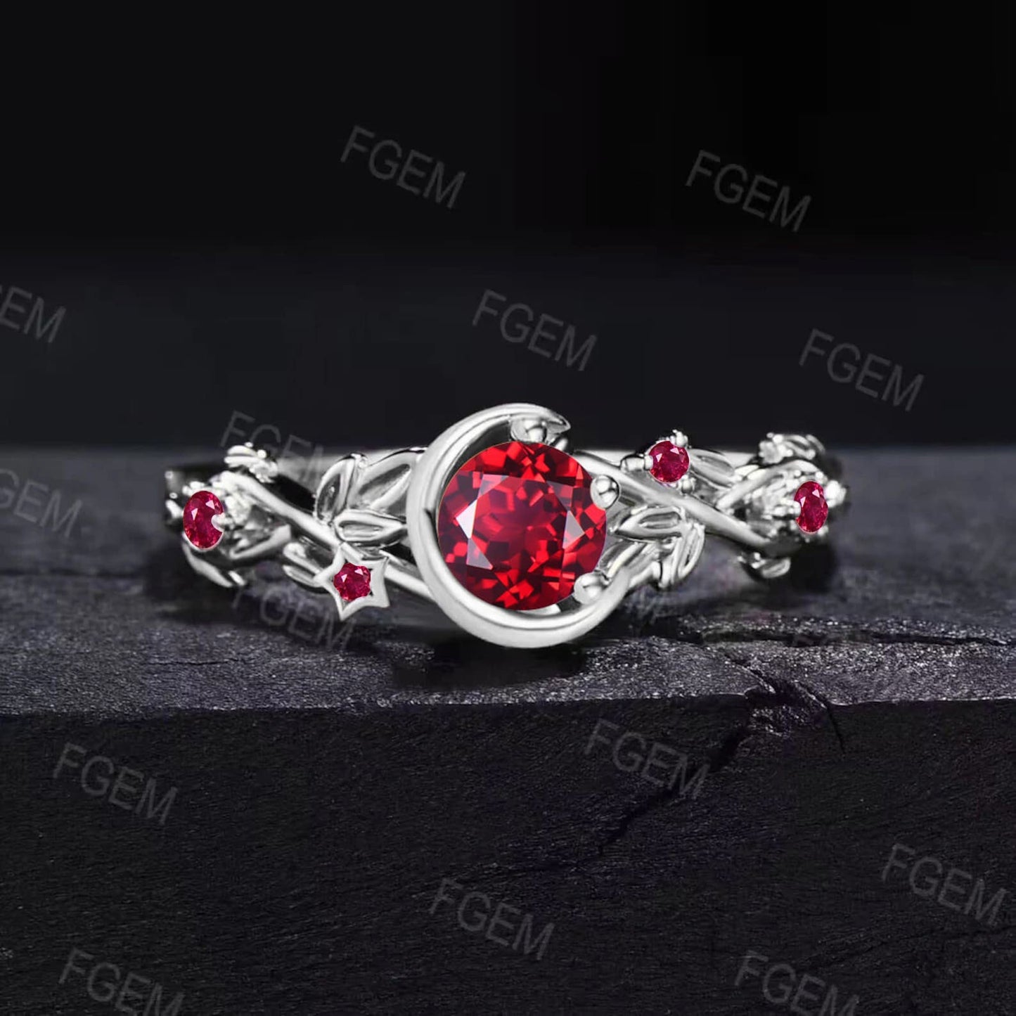 Moon Star Design Round Ruby Jewelry 10K Rose Gold Nature Inspired 5mm Red Ruby Promise Ring Anniversary Ring For Women July Birthstone Gifts