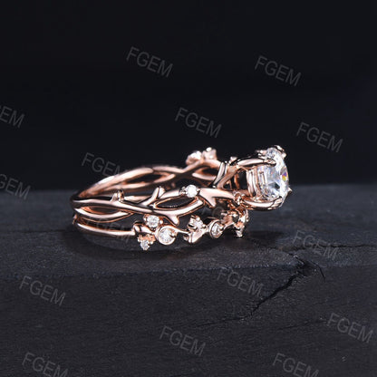 Twig Moissanite Ring Set 10K Rose Gold Round Cut Nature Inspired Forever One Moissanite Vine Engagement Ring Set Anniversary/Promise Ring
