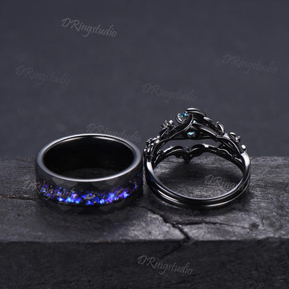2pcs Round Color-Change Alexandrite Couple Ring Set Goth Galaxy Nebula His and Hers Wedding Ring Set Black Gold Twig Leaf Ring Tungsten Band