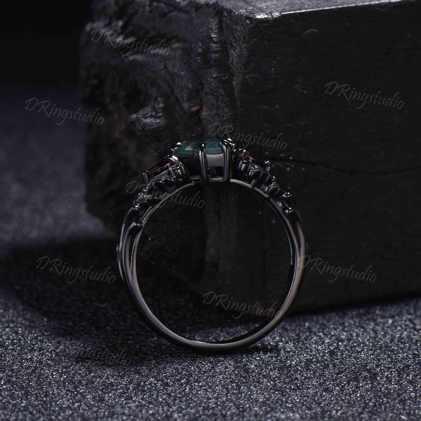 14K Black Gold Coffin Cut Natural Moss Agate Garnet Engagement Ring for Her Gothic Oak Leaf Inspired Cluster Promise Ring Proposal Gift