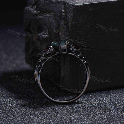 14K Black Gold Coffin Cut Natural Moss Agate Garnet Engagement Ring for Her Gothic Oak Leaf Inspired Cluster Promise Ring Proposal Gift