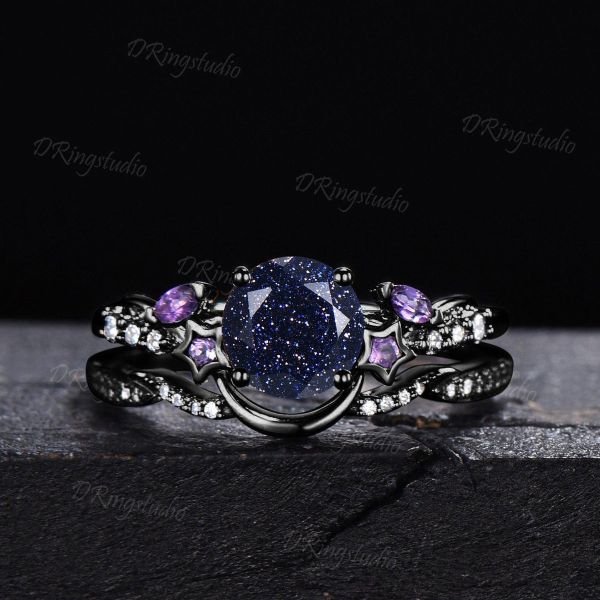 Black Gold Moon Nebula Blue Sandstone Ring Set Celestial Round Blue Goldstone Star Engagement Ring Amethyst Cluster Promise Bridal Ring Set