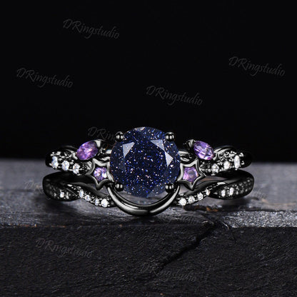 Black Gold Moon Nebula Blue Sandstone Ring Set Celestial Round Blue Goldstone Star Engagement Ring Amethyst Cluster Promise Bridal Ring Set