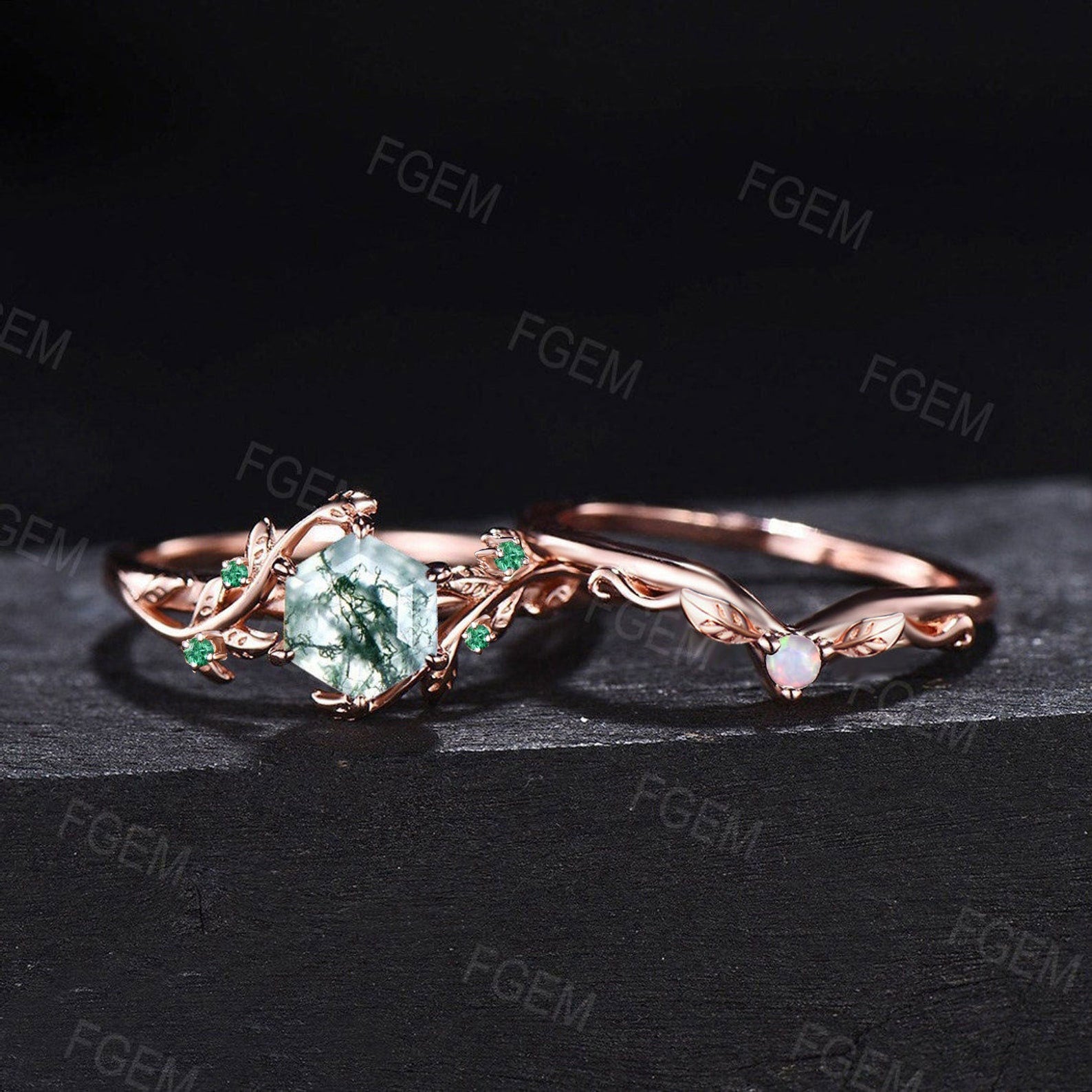 1ct Round Cut Natural Moss Agate Engagement Rings Set 14k Rose Gold Branch orders Design Solitaire Rings Unique Leaf Wedding Ring Anniversary Gift