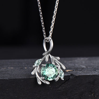 Round Green Sapphire Necklace Branch Leaf Vine Teal Sapphire Bridal Necklace 14k/18k White Gold Moss Agate Wedding Pendant Gifts for Women
